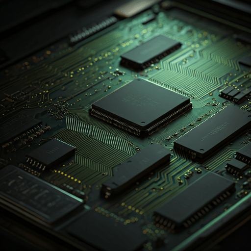 Cinematic macro shot of a server motherboard with glowing emerald green LED circuits on dark obsidian components